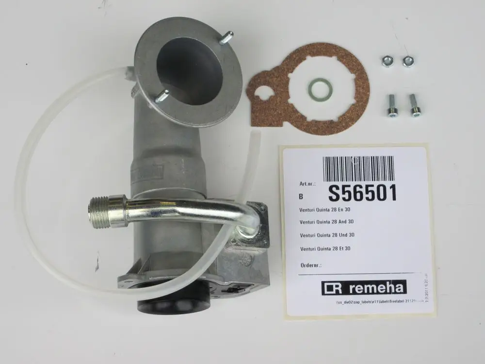 Remeha Venturi mit Venturirohr, komplett mit Dichtungen, Schrauben und Verbindungsschlauch, für Heizungsinstallation oder Austausch.